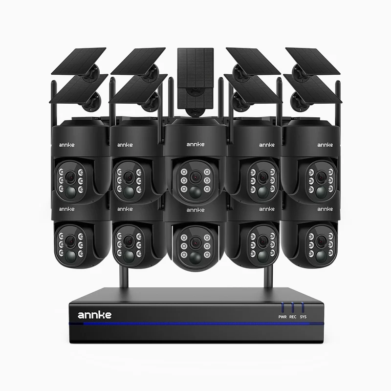 WBS400 - Kit vidéo surveillance sans fil 4MP à 16 canaux avec 10 caméras, WiFi Bi-Bande, Pan 270° & Tilt 90°, Batterie 9000 mAh & Panneau Solaire, Détection de Mouvement, Audio Bidirectionnel