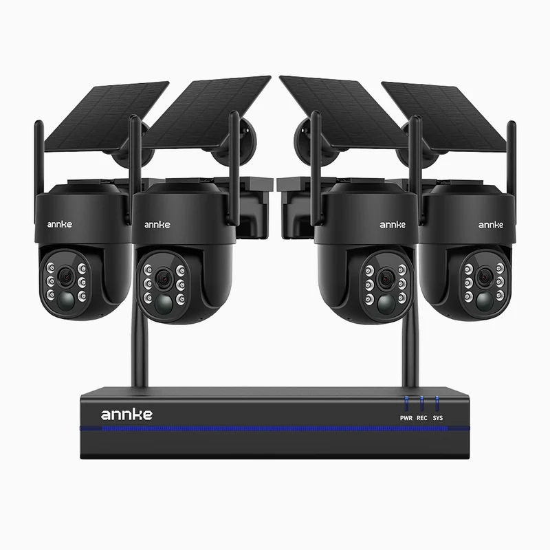 WBS400 - Kit vidéo surveillance sans fil 4MP à 8 canaux avec 4 caméras, WiFi Bi-Bande, Pan 270° & Tilt 90°, Batterie 9000 mAh & Panneau Solaire, Détection de Mouvement, Audio Bidirectionnel