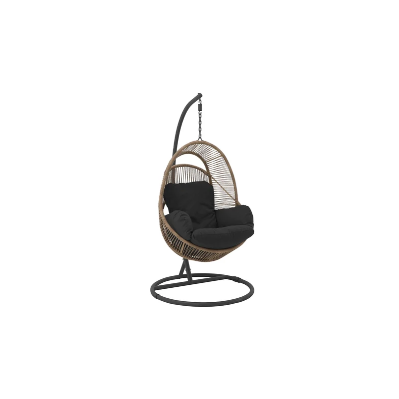 Chaise suspendue en rotin naturel, coussin noir