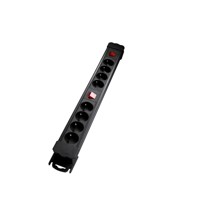 Black power strip with two switches - 8 x 16 A - 1.5 m