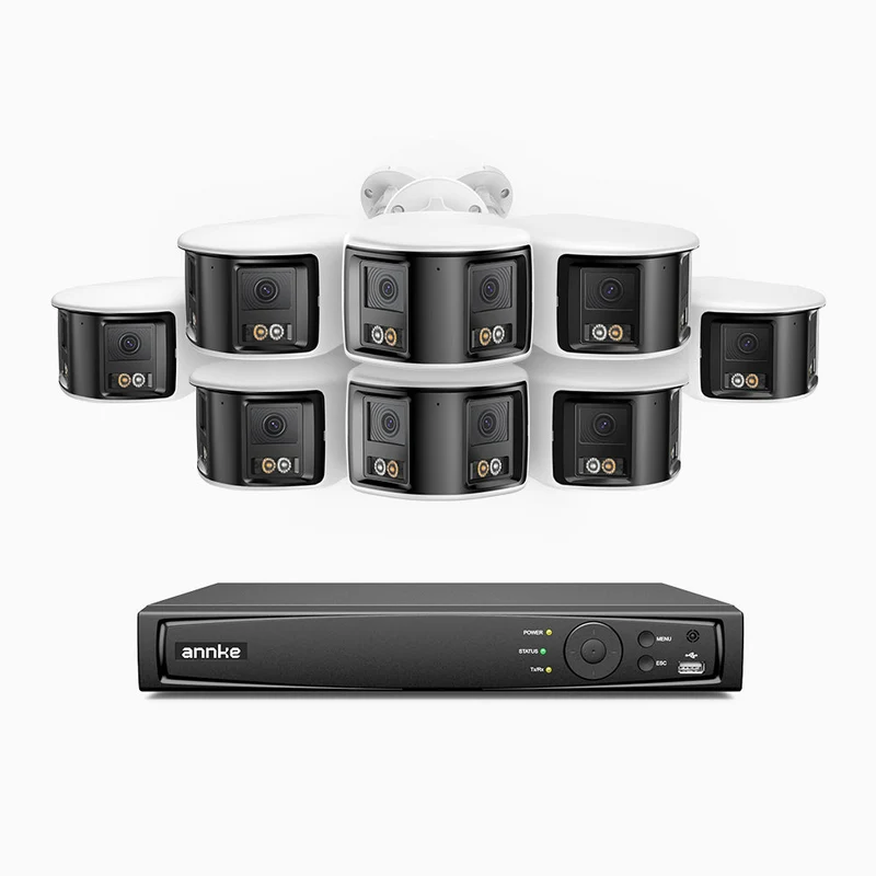 FDH800 - Kit de surveillance PoE 8MP à 8 canaux avec 8 caméras, double objectif, ultra grand angle 180°, vision nocturne intelligente à double éclairage, audio bidirectionnel, sirène et alarme actives, détection humaine et de véhicules, IP67
