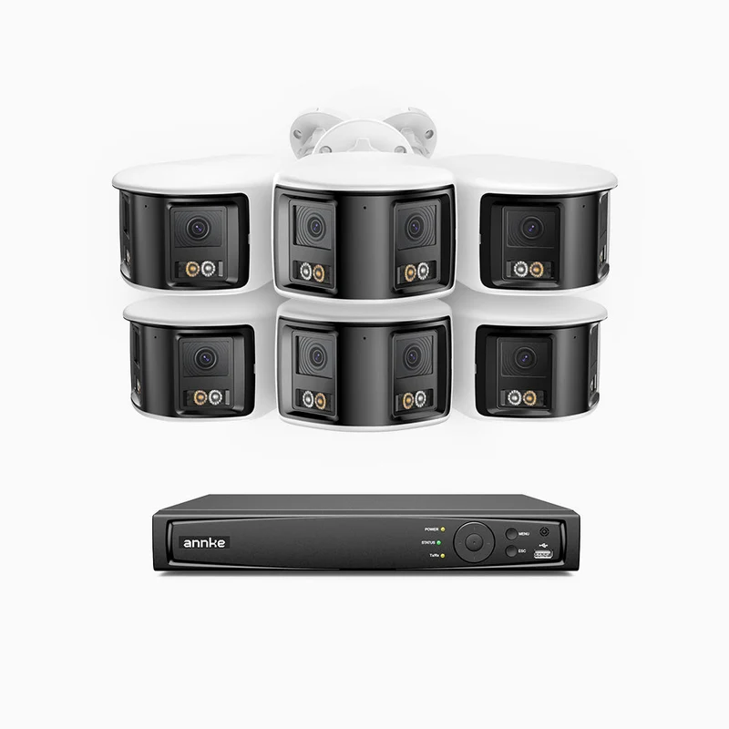 FDH800 - Kit de surveillance PoE 8MP à 8 canaux avec 6 caméras, double objectif, ultra grand angle 180°, vision nocturne intelligente à double éclairage, audio bidirectionnel, sirène et alarme actives, détection humaine et de véhicules, IP67