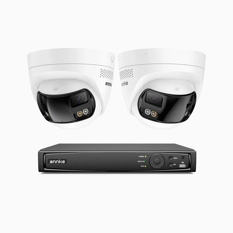 FDH800 - Kit de surveillance PoE 8MP à 8 canaux avec 2 caméras, double objectif, ultra grand angle 180°, vision nocturne intelligente à double éclairage, audio bidirectionnel, sirène et alarme actives, détection humaine et de véhicules, IP67