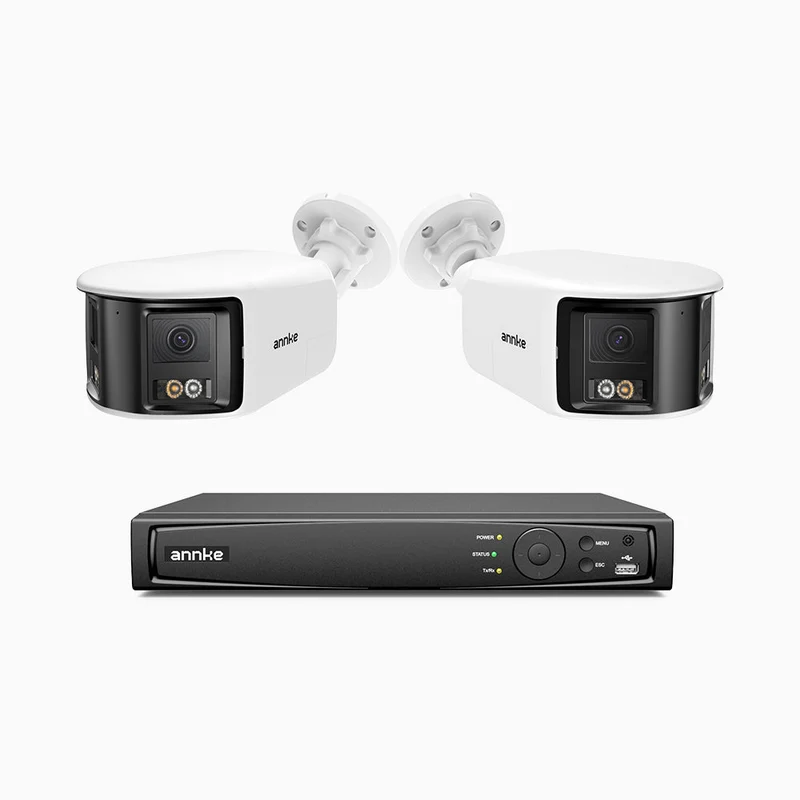 FDH800 - Kit de surveillance PoE 8MP à 8 canaux avec 2 caméras, double objectif, ultra grand angle 180°, vision nocturne intelligente à double éclairage, audio bidirectionnel, sirène et alarme actives, détection humaine et de véhicules, IP67