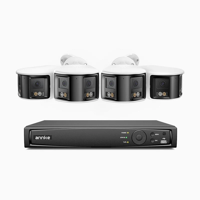 FDH800 - Kit de surveillance PoE 8MP à 8 canaux avec 4 caméras, double objectif, ultra grand angle 180°, vision nocturne intelligente à double éclairage, audio bidirectionnel, sirène et alarme actives, détection humaine et de véhicules, IP67