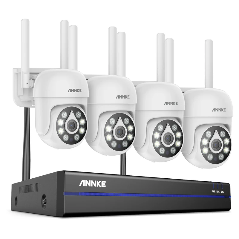 WSPT500 - Kit de vidéosurveillance extérieur 10 canaux 5MP WLAN avec 4 caméras PT 5MP, détection intelligente des personnes, audio bidirectionnel, vision nocturne en couleur, étanchéité IP67