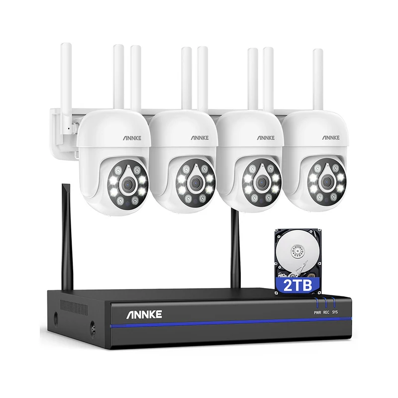 WSPT500 - Kit de vidéosurveillance extérieur 10 canaux 5MP WLAN avec 4 caméras PT 5MP, détection intelligente des personnes, audio bidirectionnel, vision nocturne en couleur, étanchéité IP67