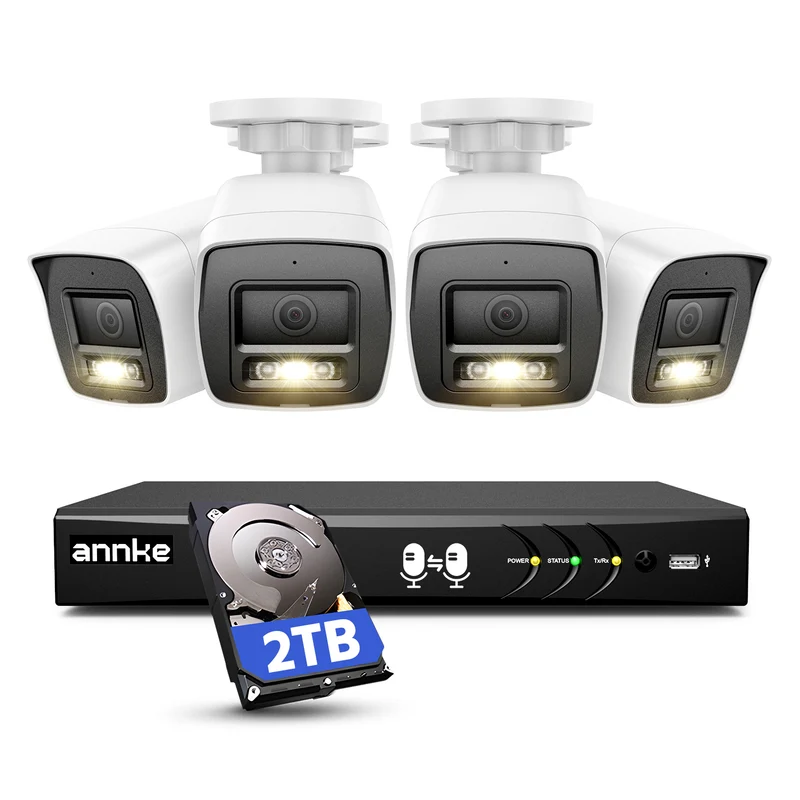 ANNKE Système de Caméras de Sécurité 2MP, DVR 8 Canaux 3K H.265+, 4 Caméras Filaires Blanches 1080P avec Audio Bidirectionnel, Vision Nocturne en Couleur, Détection de Mouvement AI, AcuSearch Intellig