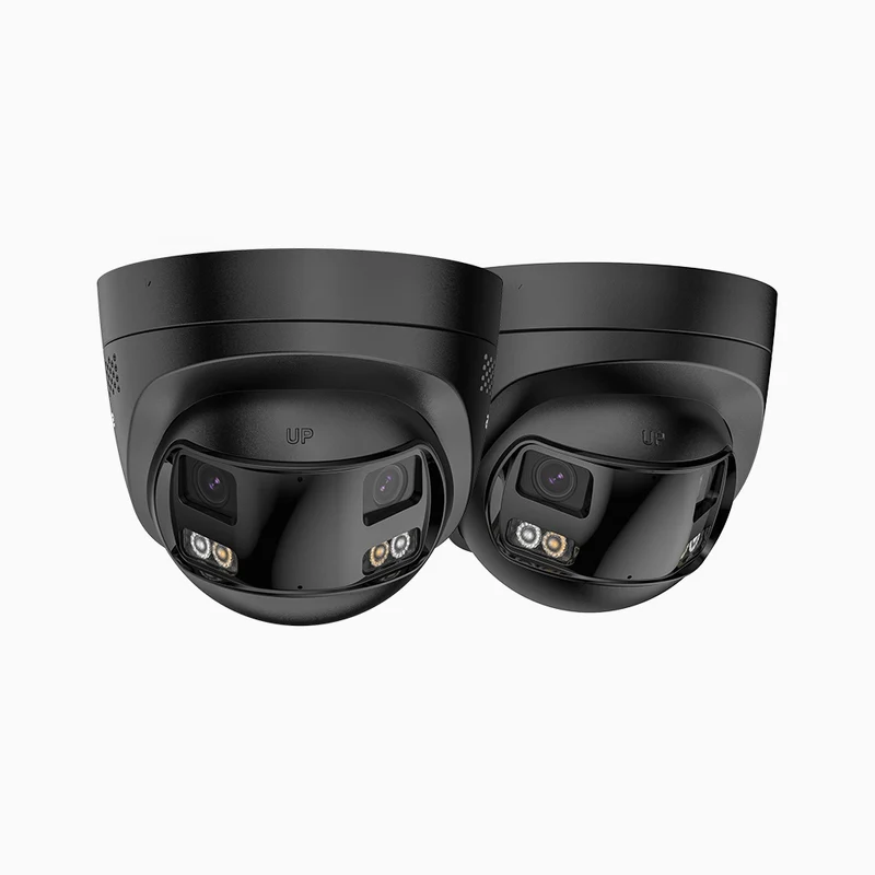 FCD800 - Lot de 2 Caméra desécurité extérieure PoE 4K 8 MP à double objectif, vue panoramique à 180°, champ de vision vertical de 77°, vision nocturne intelligente à double éclairage, dissuasion active et audio bidirectionnel
