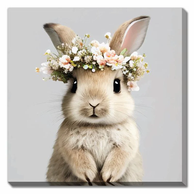 Canevas de lapin avec couronne de fleurs, 16" x 16"