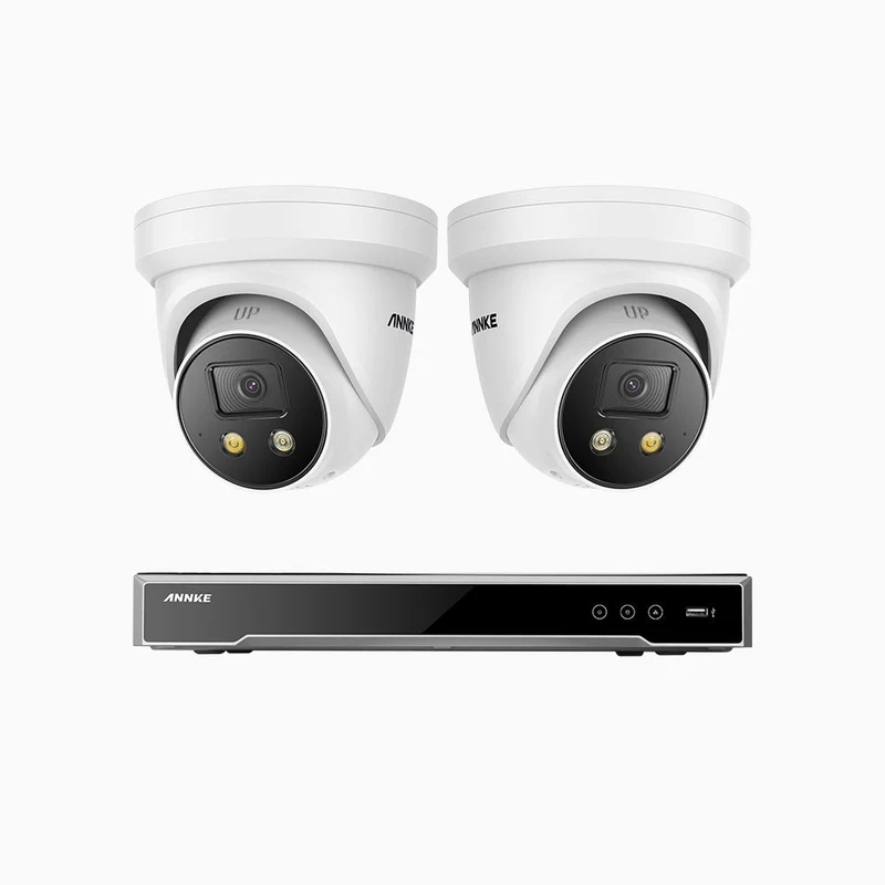 H800X - Kit de surveillance PoE 4K à 8 canaux avec 2 caméras, capteur BSI de 1/1,8", ouverture de f/1,6 (0,003 Lux), sirène et alarme stroboscopique, audio bidirectionnel, détection de présence humaine et de véhicules, protection périmétrique