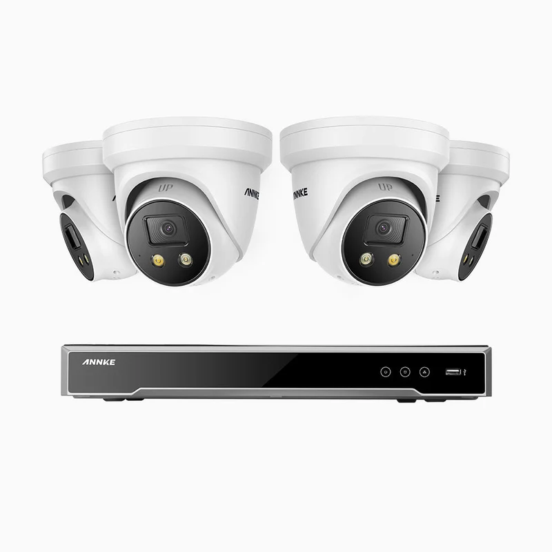 H800X - Kit de surveillance PoE 4K à 8 canaux avec 4 caméras, capteur BSI de 1/1,8", ouverture de f/1,6 (0,003 Lux), sirène et alarme stroboscopique, audio bidirectionnel, détection de présence humaine et de véhicules, protection périmétrique