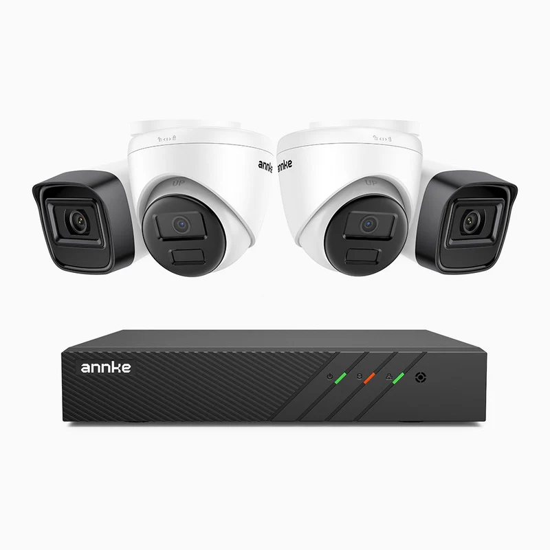 H300 - Kit de surveillance PoE 3MP à 8 canaux avec 2 caméra bullet et 2 caméras tourelle, vision nocturne EXIR 2.0, détection de mouvement, H.265+, étanchéité IP67
