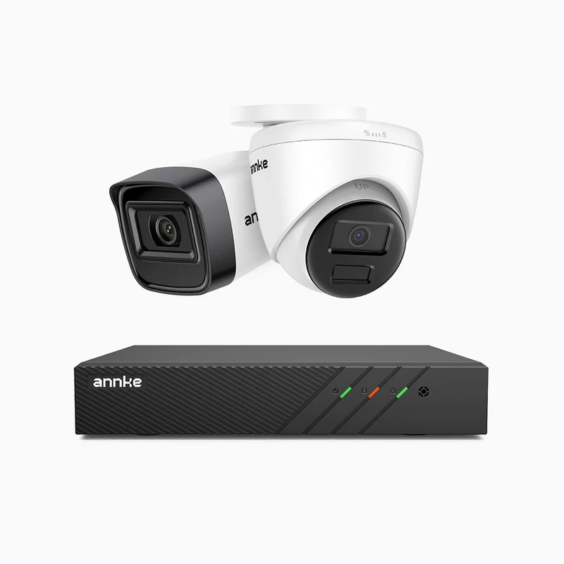 H300 - Kit de surveillance PoE 3MP à 8 canaux avec 1 caméra bullet et 1 caméras tourelle, vision nocturne EXIR 2.0, détection de mouvement, H.265+, étanchéité IP67