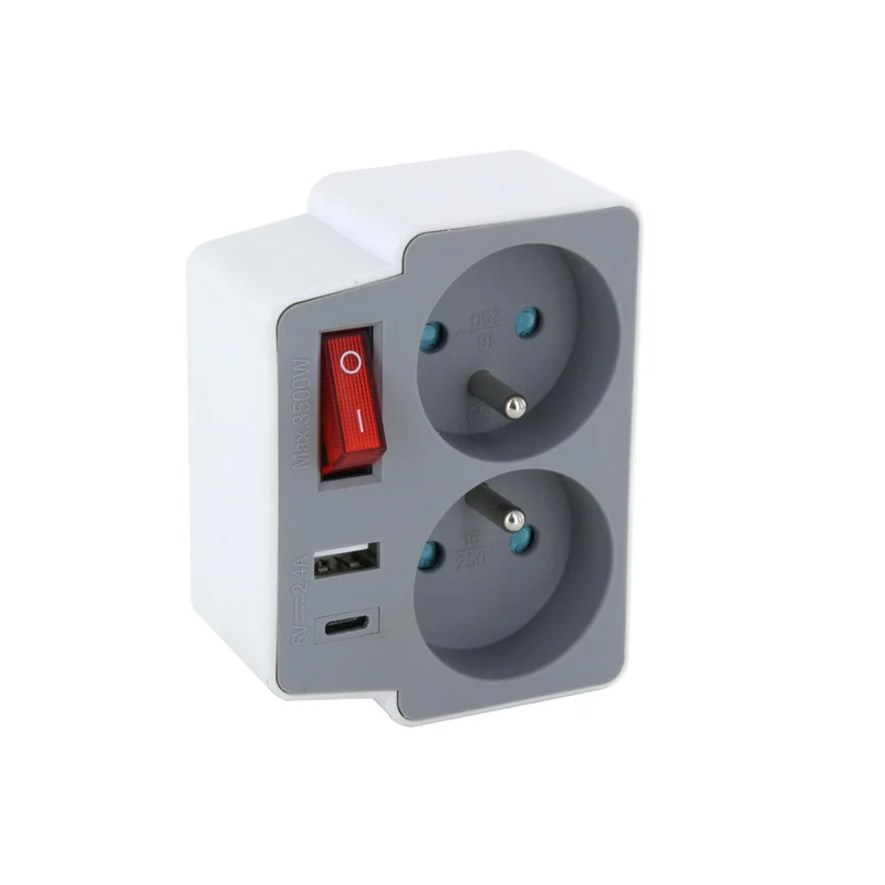 Biplite Domino 2X16A + 1xUSB-A + 1xUSB-C with grey/white switch