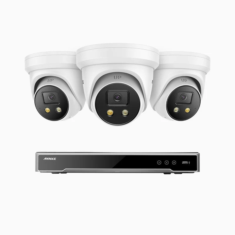 H800X - Kit de surveillance PoE 4K à 8 canaux avec 3 caméras, capteur BSI de 1/1,8", ouverture de f/1,6 (0,003 Lux), sirène et alarme stroboscopique, audio bidirectionnel, détection de présence humaine et de véhicules, protection périmétrique