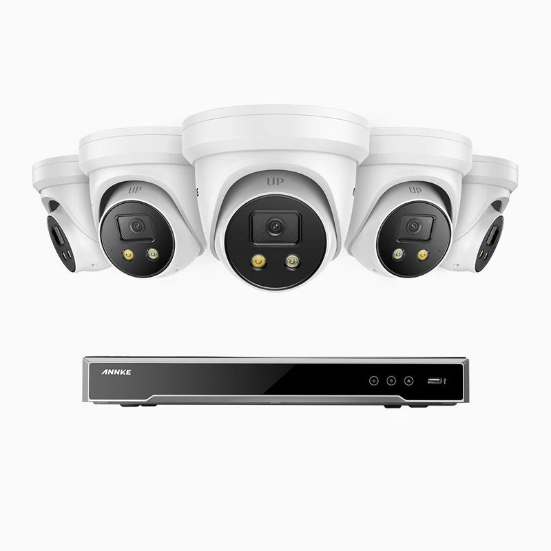 H800X - Kit de surveillance PoE 4K à 8 canaux avec 5 caméras, capteur BSI de 1/1,8", ouverture de f/1,6 (0,003 Lux), sirène et alarme stroboscopique, audio bidirectionnel, détection de présence humaine et de véhicules, protection périmétrique