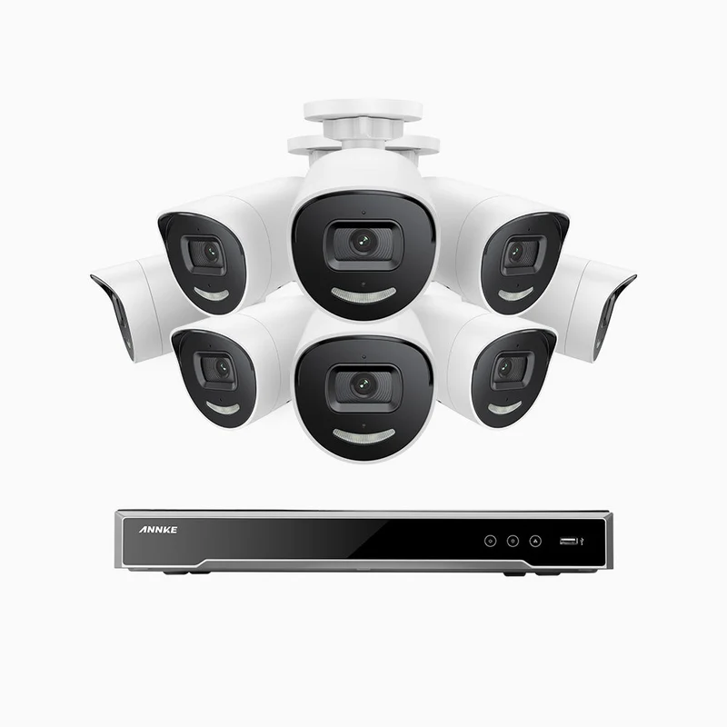 H800X - Kit de surveillance PoE 4K à 8 canaux avec 8 caméras, capteur BSI de 1/1,8", ouverture de f/1,6 (0,003 Lux), sirène et alarme stroboscopique, audio bidirectionnel, détection de présence humaine et de véhicules, protection périmétrique