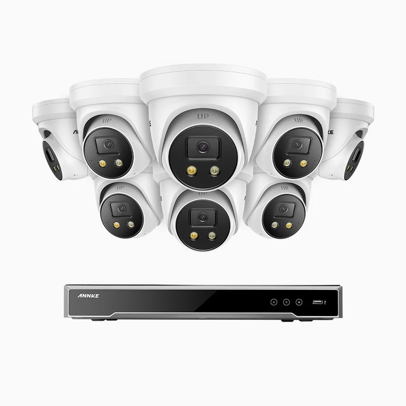 H800X - Kit de surveillance PoE 4K à 8 canaux avec 8 caméras, capteur BSI de 1/1,8", ouverture de f/1,6 (0,003 Lux), sirène et alarme stroboscopique, audio bidirectionnel, détection de présence humaine et de véhicules, protection périmétrique
