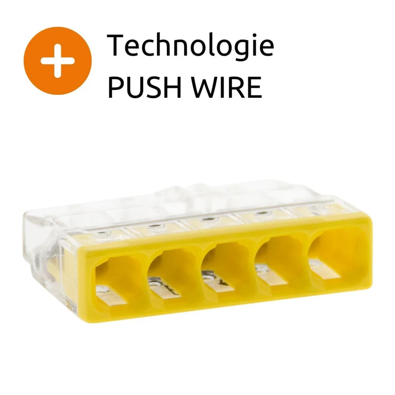 Lot de 50 bornes S2273 - Connexion rapide - 5 conducteurs - fils rigides 2,5mm² - Jaune - Wago