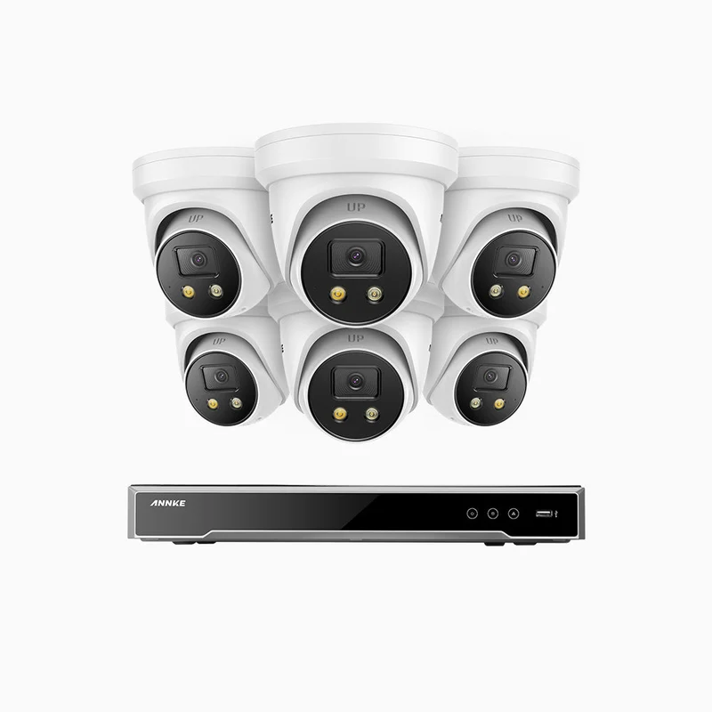 H800X - Kit de surveillance PoE 4K à 8 canaux avec 6 caméras, capteur BSI de 1/1,8", ouverture de f/1,6 (0,003 Lux), sirène et alarme stroboscopique, audio bidirectionnel, détection de présence humaine et de véhicules, protection périmétrique