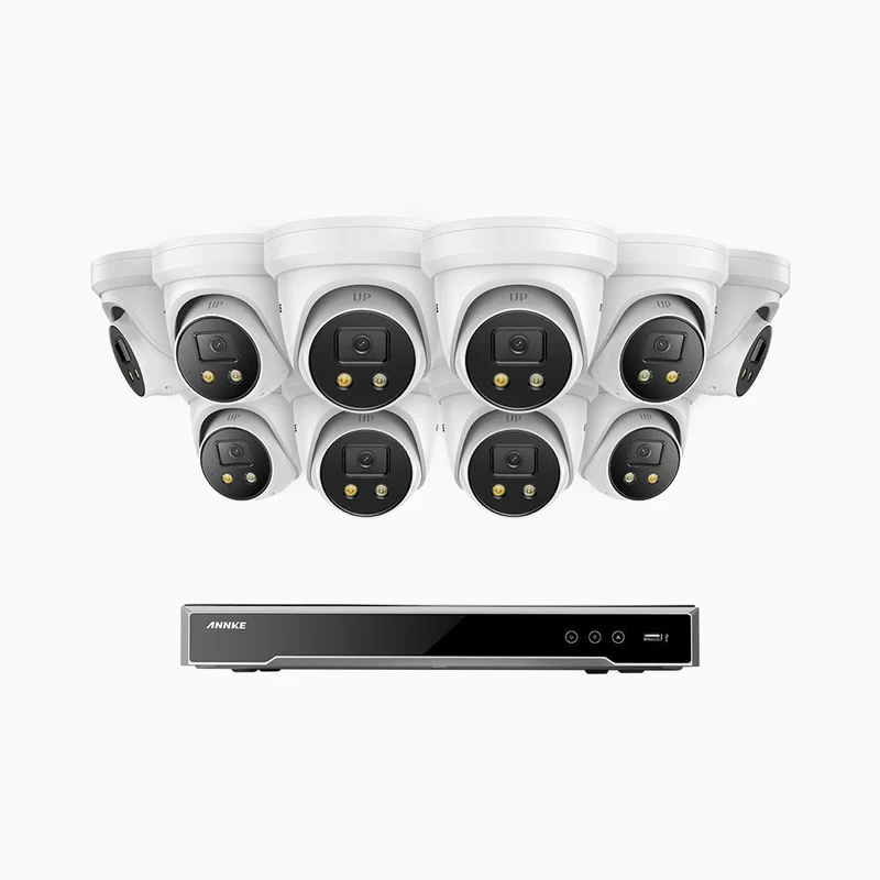 H800X - Kit de surveillance PoE 4K à 16 canaux avec 10 caméras, capteur BSI de 1/1,8", ouverture de f/1,6 (0,003 Lux), sirène et alarme stroboscopique, audio bidirectionnel, détection de présence humaine et de véhicules, protection périmétrique