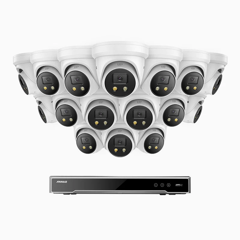 H800X - Kit de surveillance PoE 4K à 16 canaux avec 16 caméras, capteur BSI de 1/1,8", ouverture de f/1,6 (0,003 Lux), sirène et alarme stroboscopique, audio bidirectionnel, détection de présence humaine et de véhicules, protection périmétrique
