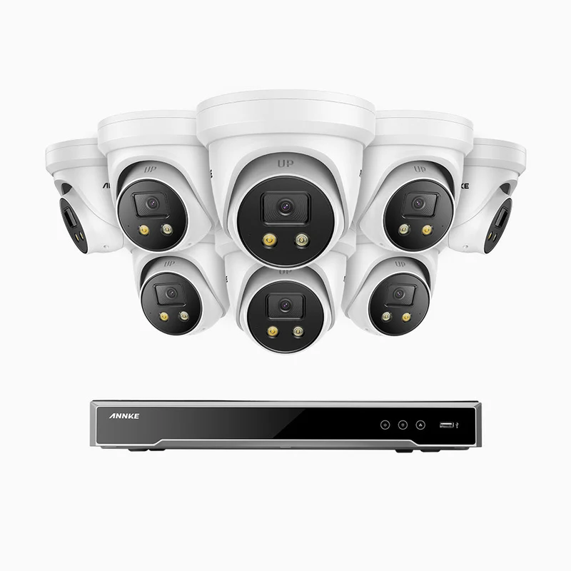 H800X - Kit de surveillance PoE 4K à 16 canaux avec 8 caméras, capteur BSI de 1/1,8", ouverture de f/1,6 (0,003 Lux), sirène et alarme stroboscopique, audio bidirectionnel, détection de présence humaine et de véhicules, protection périmétrique