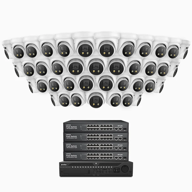 H800X - Kit de surveillance PoE 4K à 64 canaux avec 40 caméras, capteur BSI de 1/1,8", ouverture de f/1,6 (0,003 Lux), sirène et alarme stroboscopique, audio bidirectionnel, détection de présence humaine et de véhicules, protection périmétrique