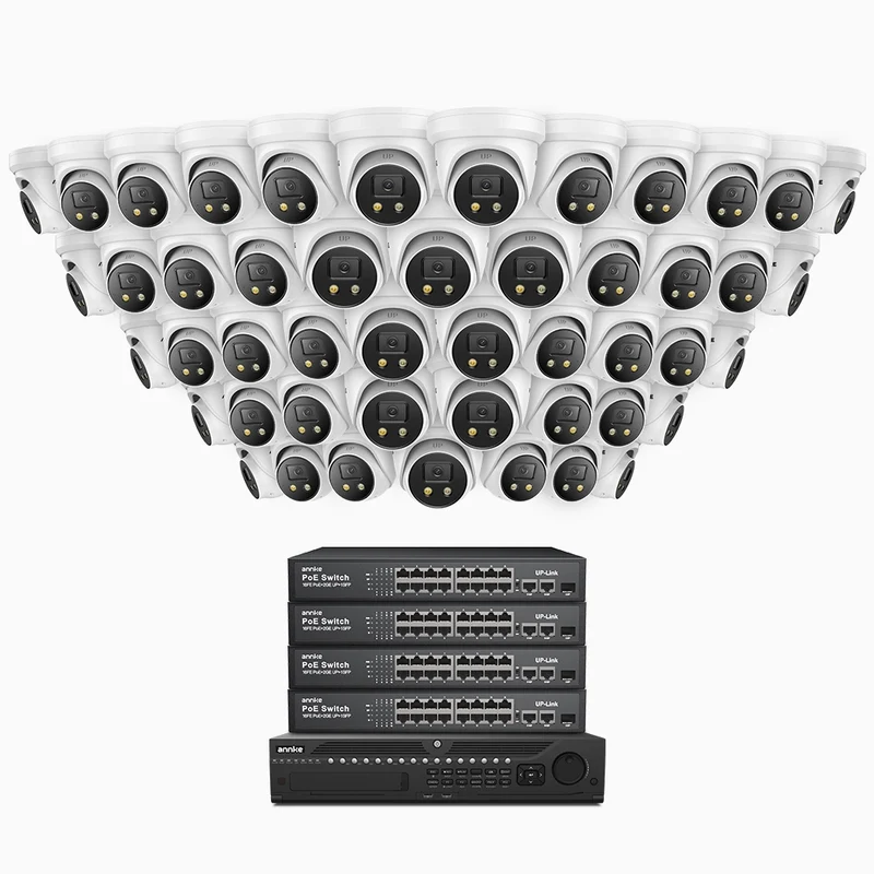 H800X - Kit de surveillance PoE 4K à 64 canaux avec 48 caméras, capteur BSI de 1/1,8", ouverture de f/1,6 (0,003 Lux), sirène et alarme stroboscopique, audio bidirectionnel, détection de présence humaine et de véhicules, protection périmétrique