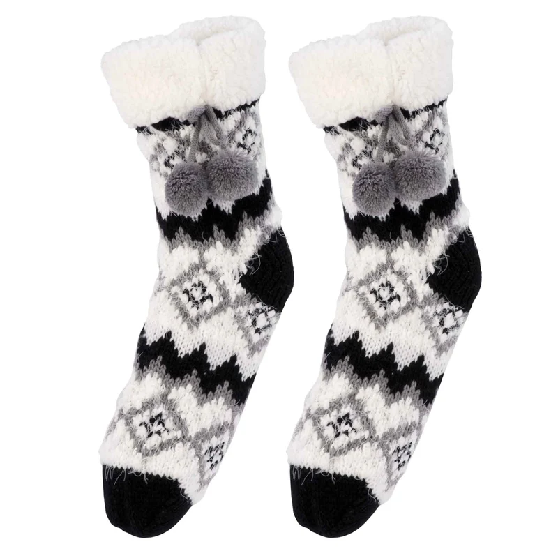 Paire de bas pour femme avec pompons, gris et noir