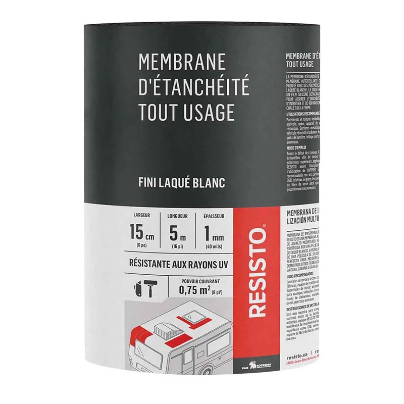 Membrane d'étanchéité tout usage au fini laqué blanc, 6" x 16'
