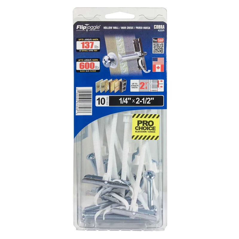 Ancrages pour murs creux FlipToggle de 1/4" x 2-1/2", 10 unités