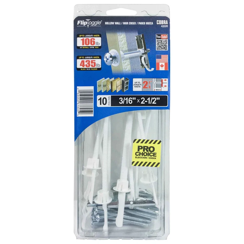 Ancrages pour murs creux FlipToggle de 3/16" x 2-1/2", 10 unités