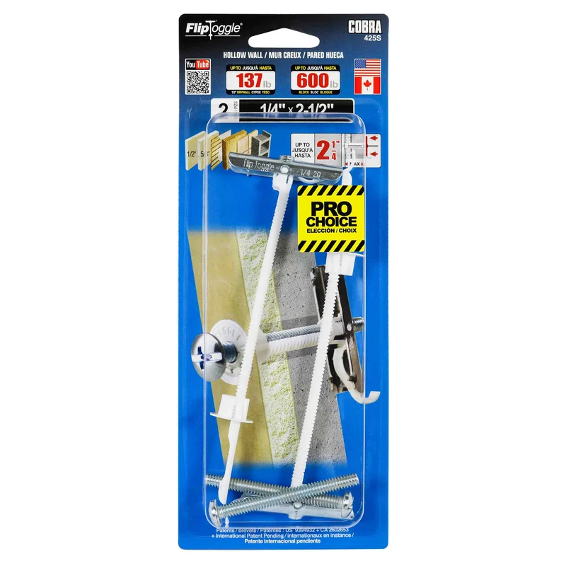 Ancrages pour murs creux FlipToggle de 1/4" x 2-1/2", 2 unités