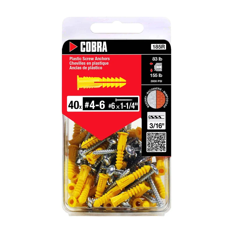 Cheville en plastique de #4-6 x 1-1/4", 40 unités Cheville en plastique de #4-6 x 7/8", 40 unités