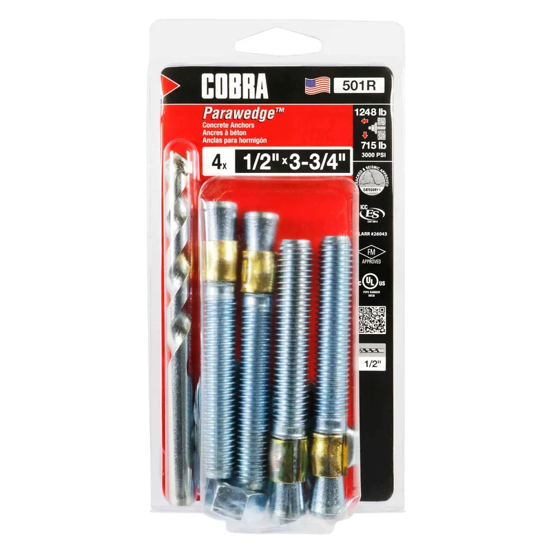 Ancrage plaqué zinc pour béton Parawedge de 1/2" x 3-3/4", 4 unités