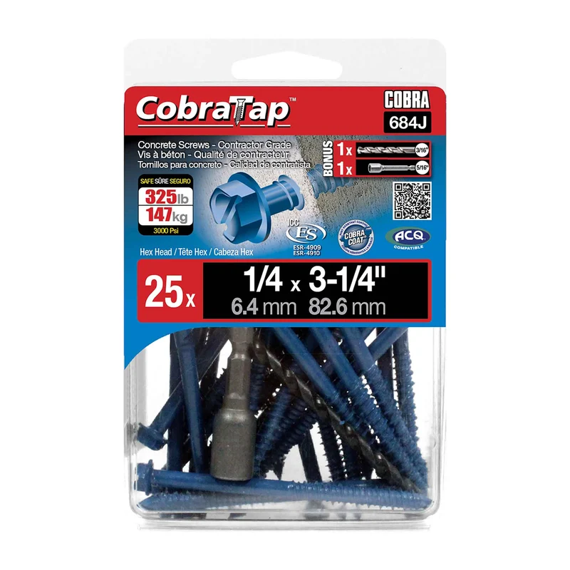 Vis à béton à tête hexagonale CobraTap de 1/4" x 3-1/4", 25 unités