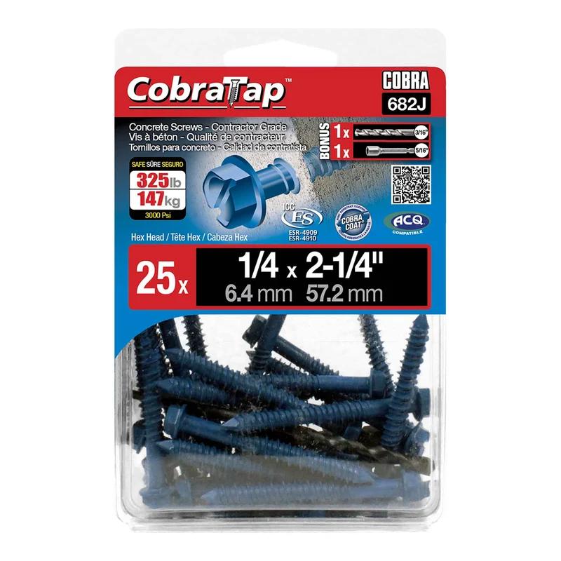 Vis à béton à tête hexagonale CobraTap de 1/4" x 2-1/4", 25 unités