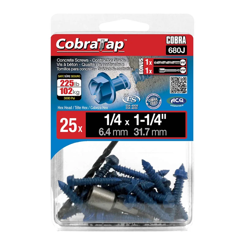 Vis à béton à tête hexagonale CobraTap de 1/4" x 1-1/4", 25 unités