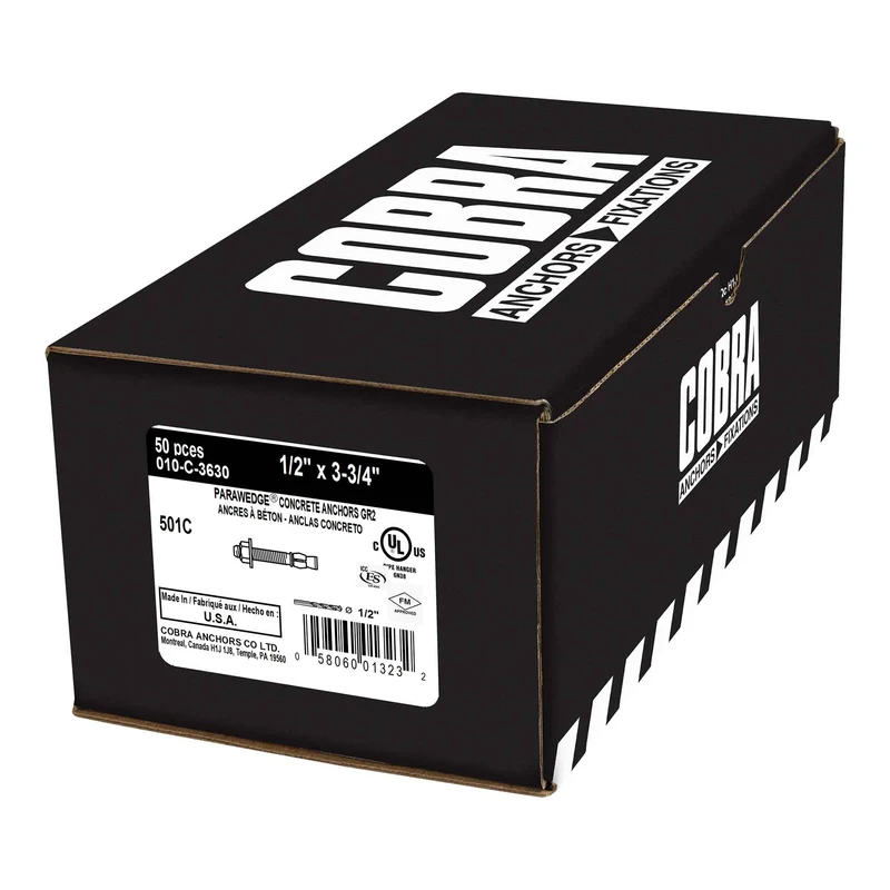 Ancrage plaqué zinc pour béton Parawedge de 1/2" x 3-3/4", 50 unités