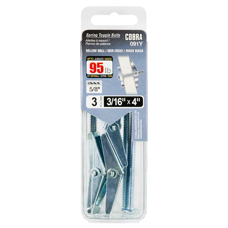 Ailettes à ressort pour mur creux de 3/16" x 4", 3 unités