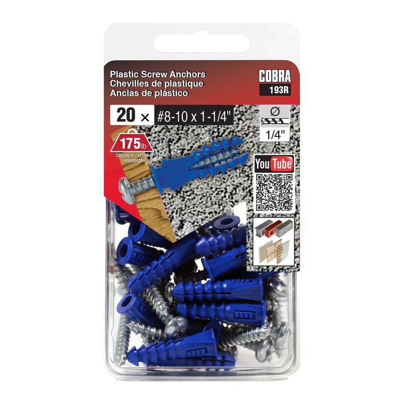Cheville en plastique de #8-10 x 1-1/4", 20 unités