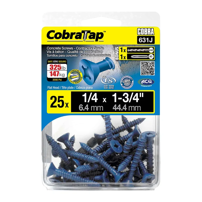 Vis à béton à tête plate CobraTap de 1/4" x 1-3/4", 25 unités