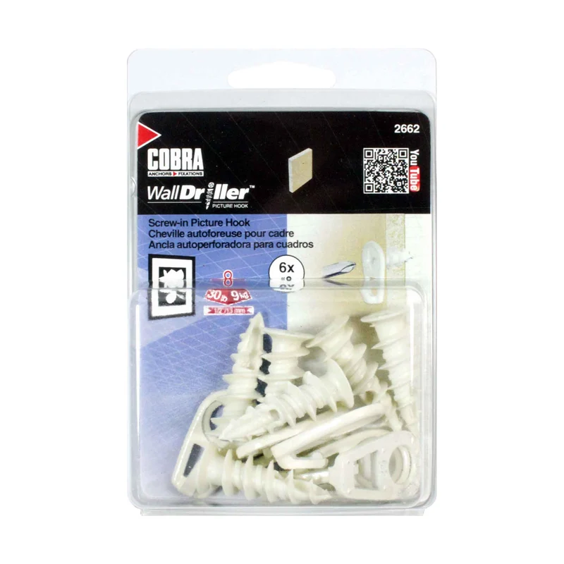 Crochet autoforeur #8 pour cadre WallDriller Picture Hook, 6 unités (blanc)