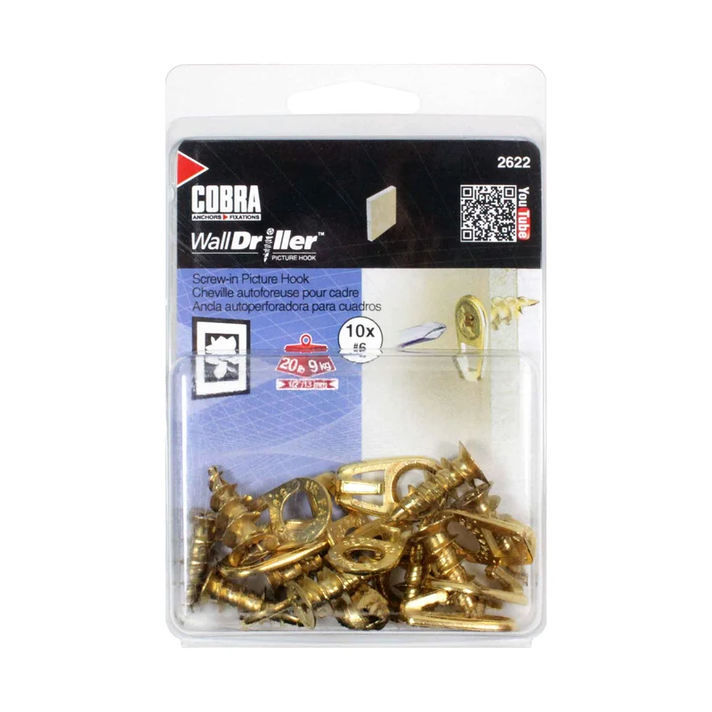 Crochet autoforeur #6 pour cadre WallDriller Picture Hook, 10 unités (laiton)