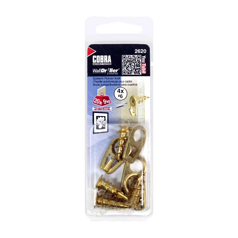 Crochet autoforeur #6 pour cadre WallDriller Picture Hook, 4 unités (laiton)