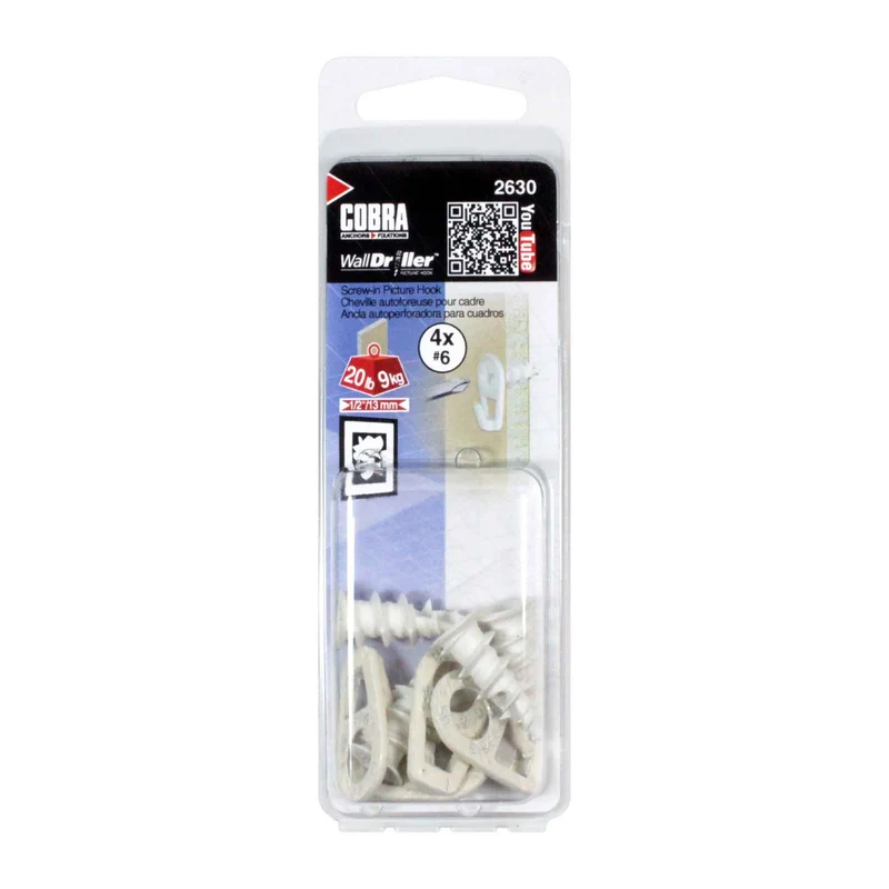 Crochet autoforeur #6 pour cadre WallDriller Picture Hook, 4 unités (blanc)
