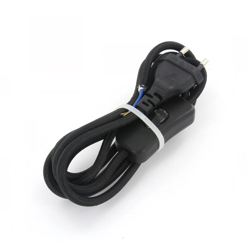 Black fabric cable with switch, - 2 m
