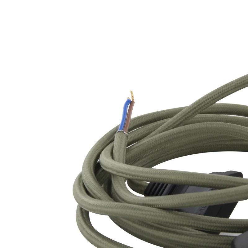Olive green fabric cable + switch, 2 m